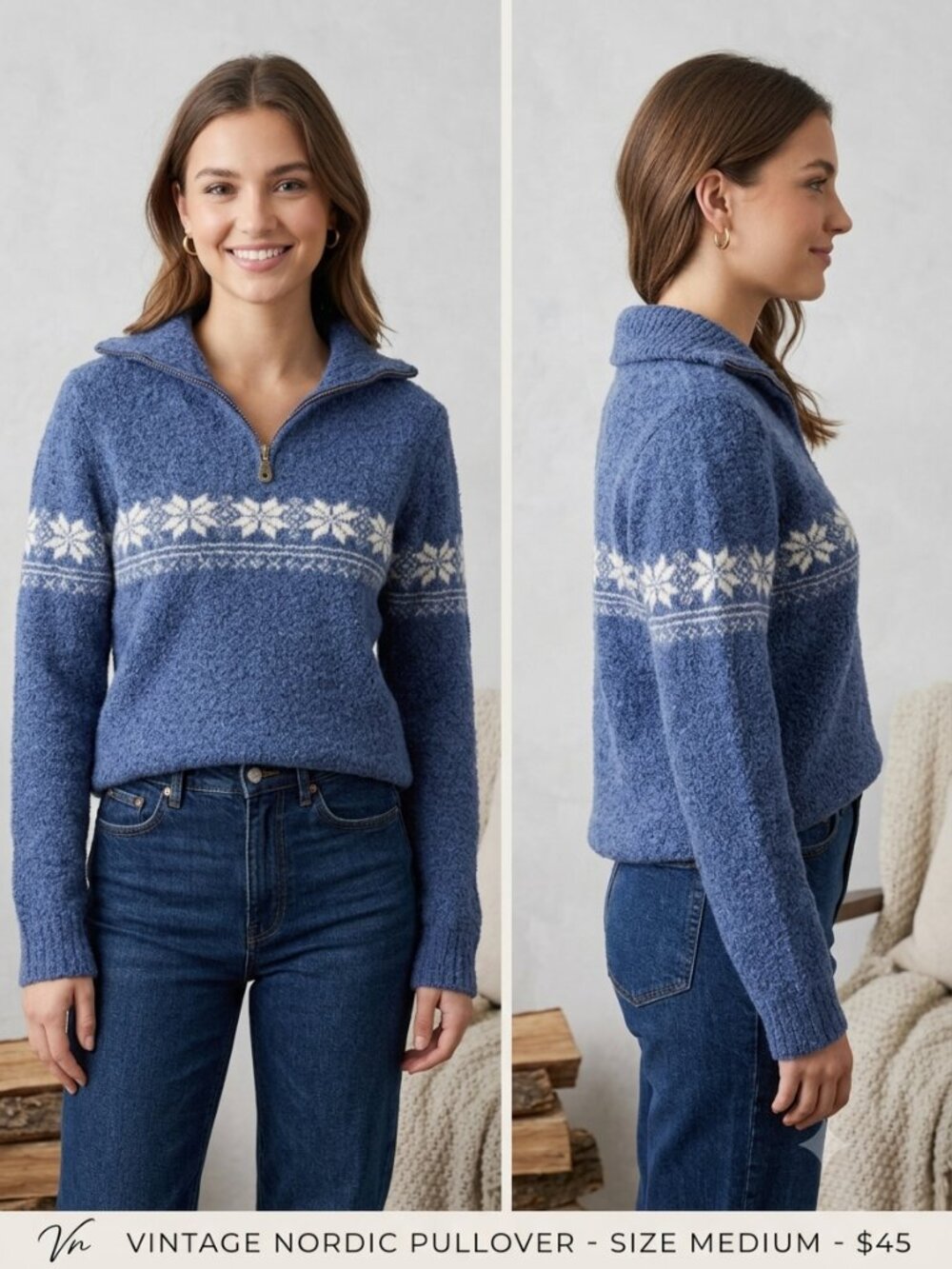 Vintage Nordic Snowflakes Wool Blend 1/4 Zip Pullover Sweater Blue/White Size M